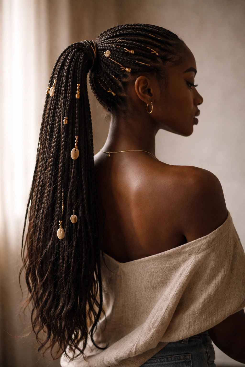 Contemplative portrait of long Fulani braids ponytail.
