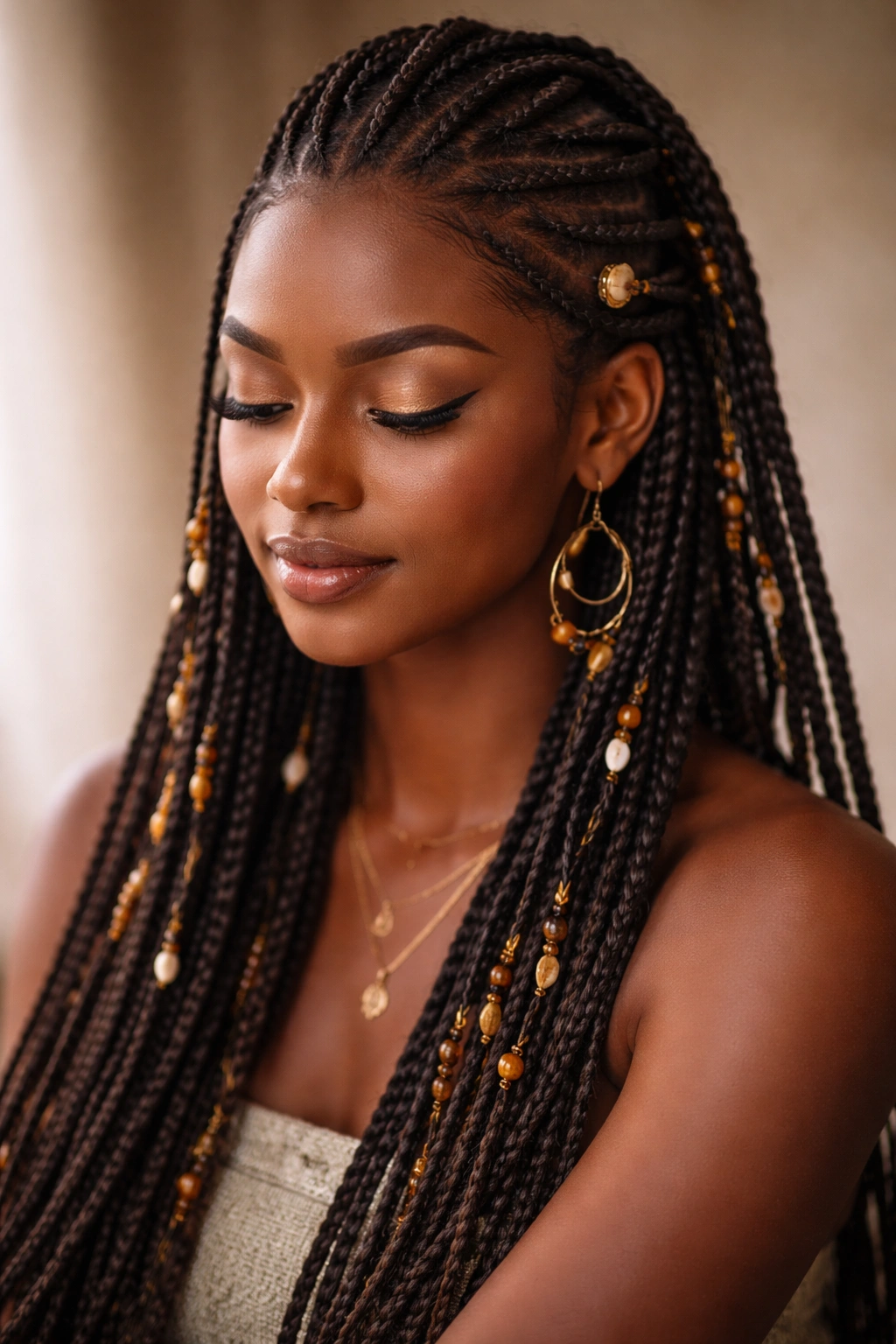 Serene portrait of a person with Fulani-inspired braids in a simple studio