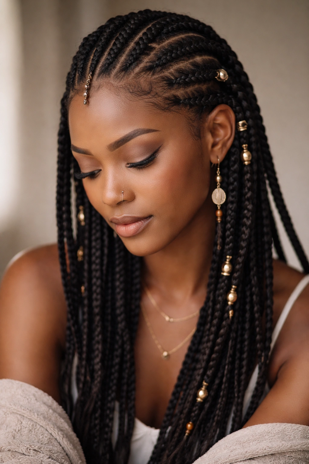 Contemplative portrait of a person with Fulani braids, reflecting on protective hairstyle choices.