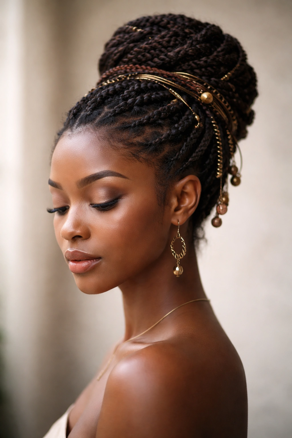 Studio portrait of a head with Fulani twists styled in an elegant wrap-around updo