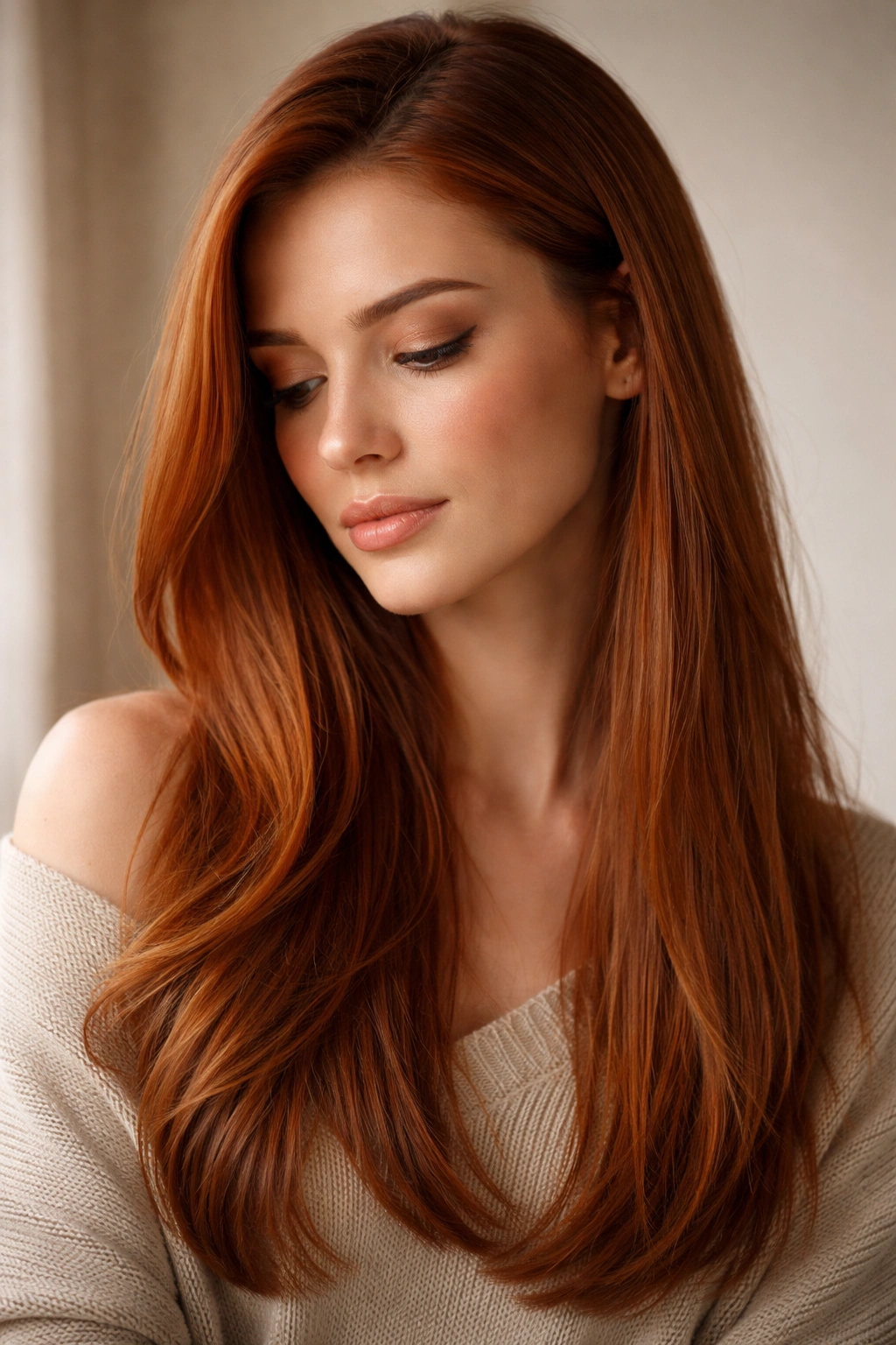 Contemplative portrait of straight hair in ginger tones, reflecting final thoughts