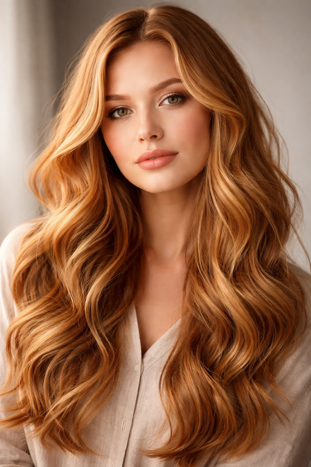 Portrait of a person with long strawberry blonde waves in soft studio light