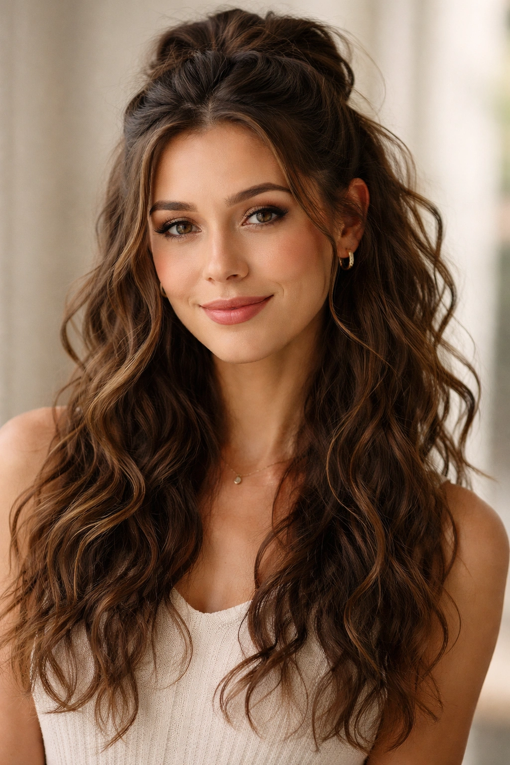 Portrait of a person with a half-up hairstyle celebrating natural texture