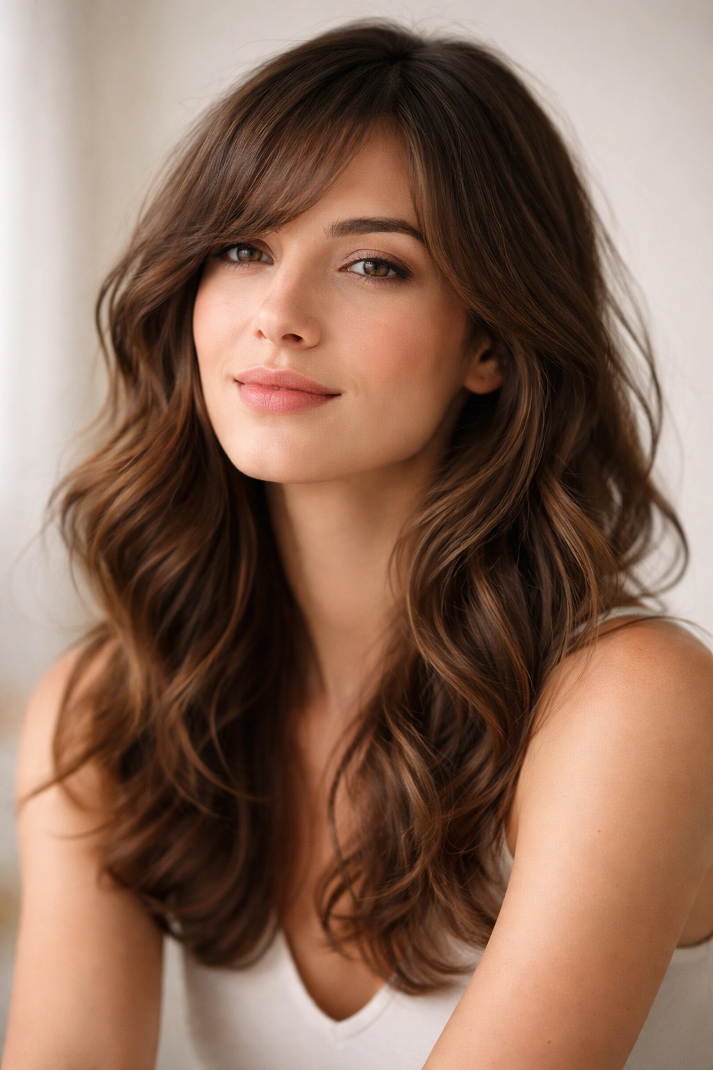 Contemplative portrait with wavy hair and side bangs
