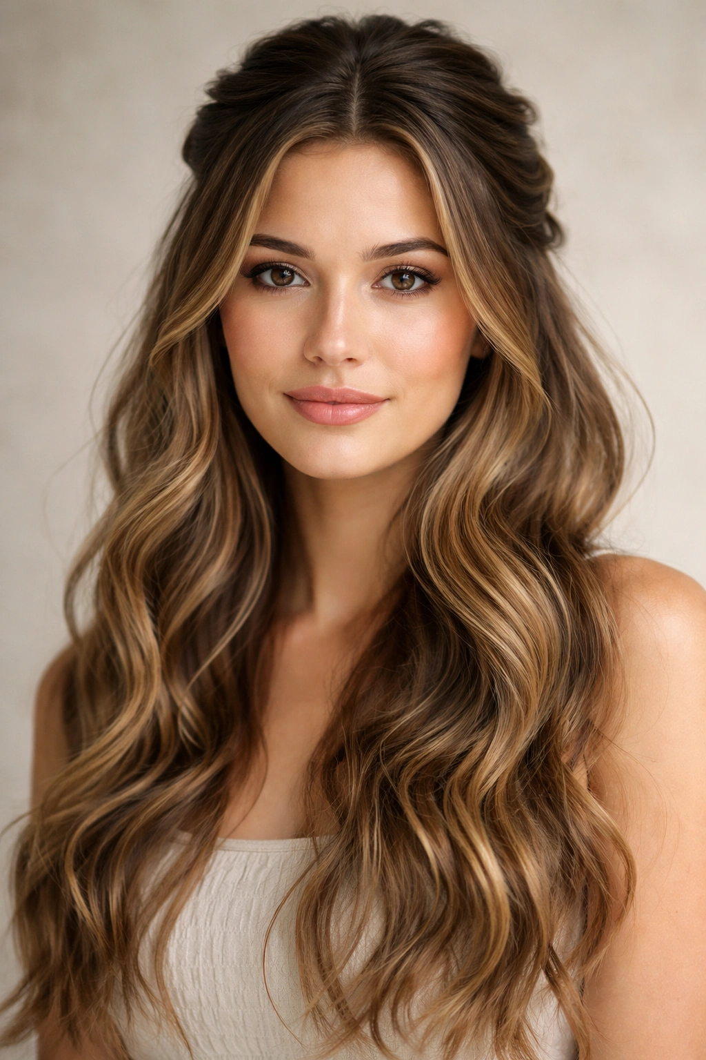 Portrait of long wavy hair half up half down with soft lighting