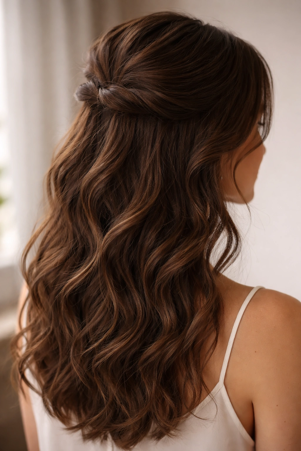 Serene portrait of wavy brown hair in a relaxed half-up style, natural texture