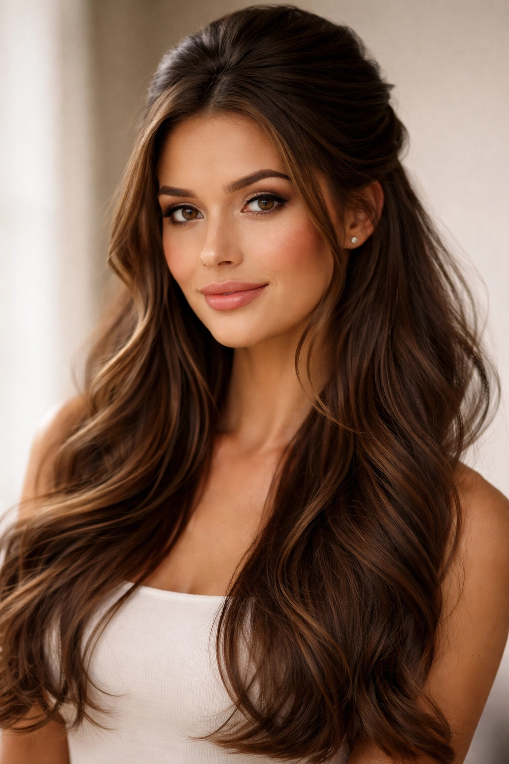 Studio portrait of thick hair styled in a polished half-up look