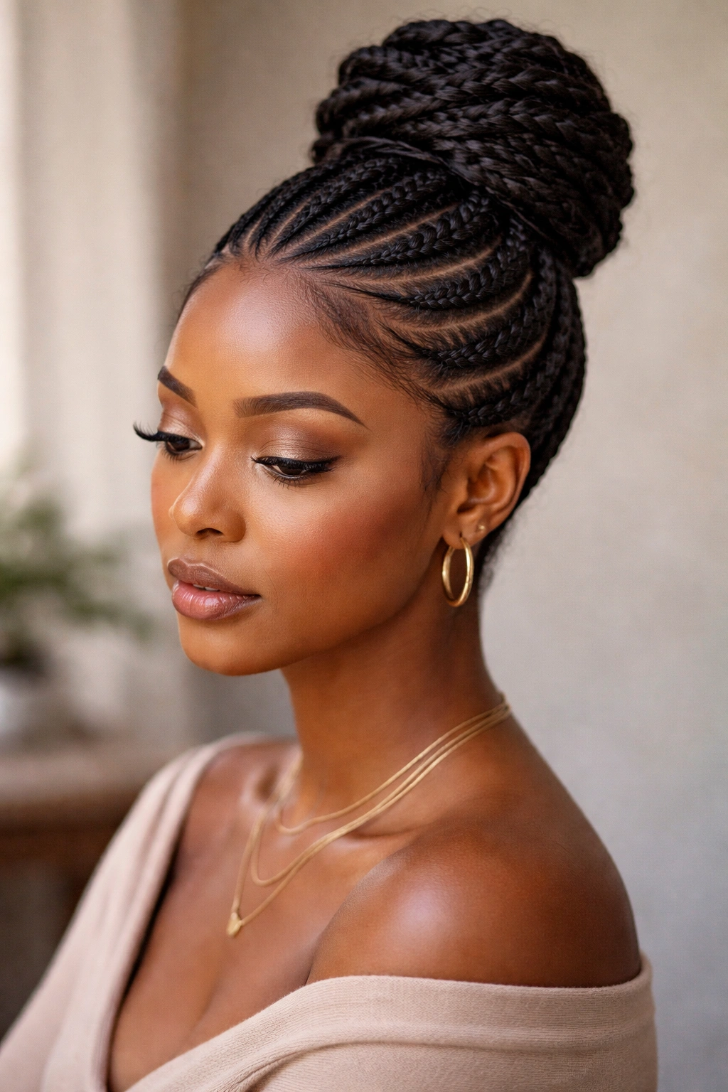 Portrait of a model with refined stitch cornrow updo silhouette reflecting thoughtful final thoughts