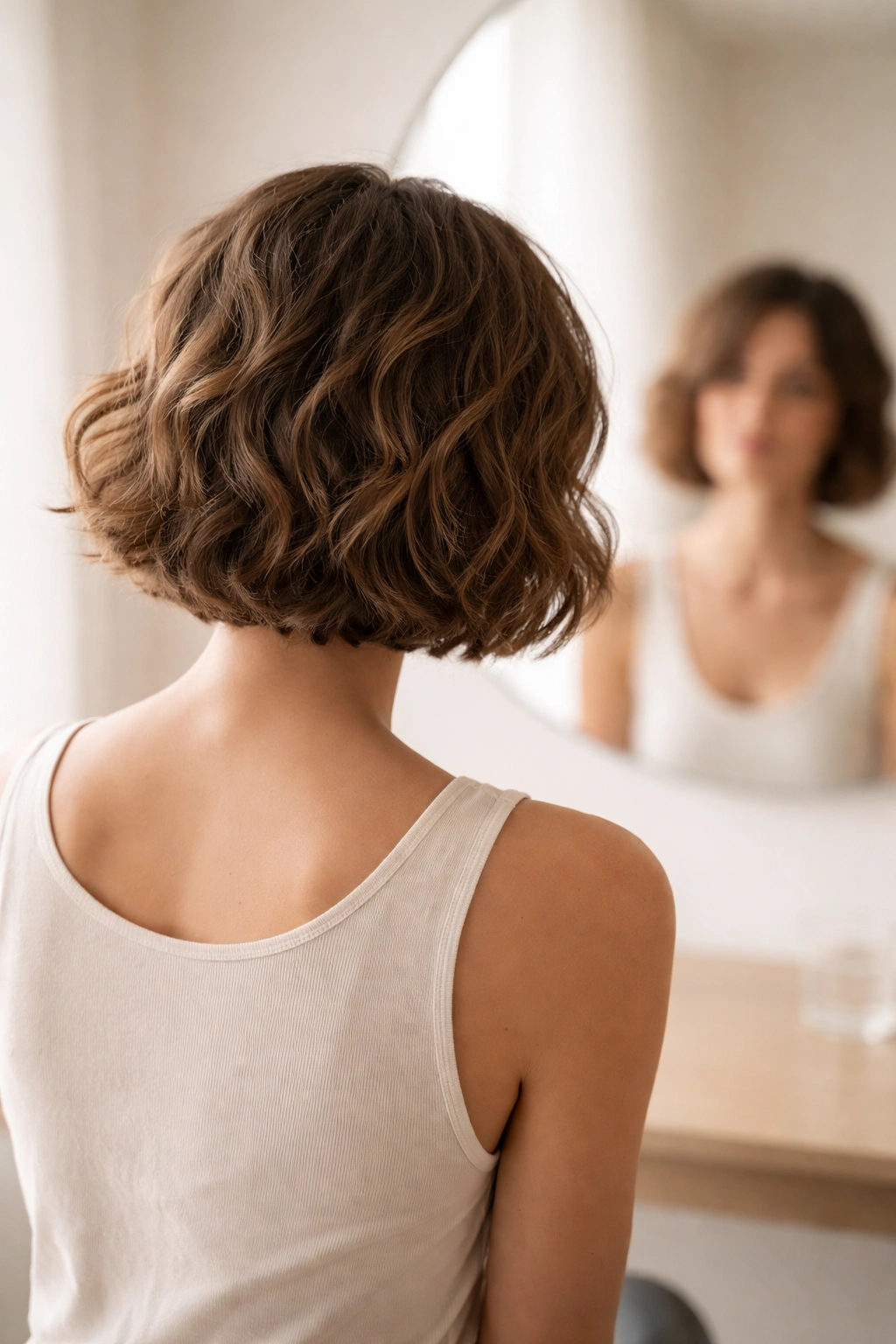 Thoughtful person evaluating a short wavy bob in a mirror