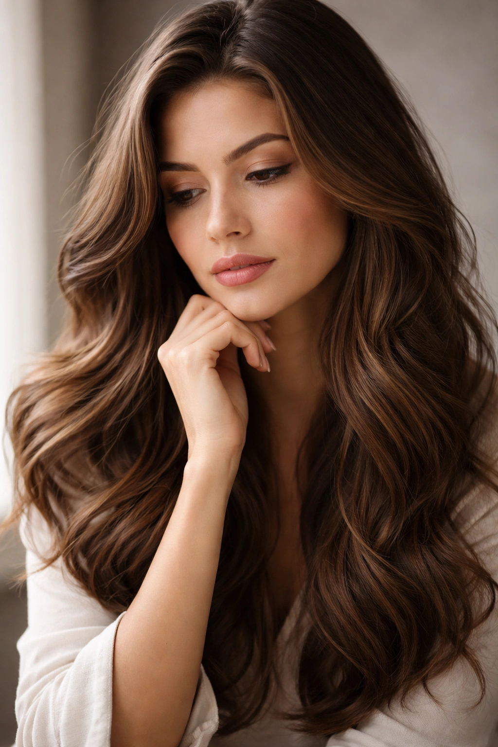 Thoughtful portrait of a person with long brown wavy hair