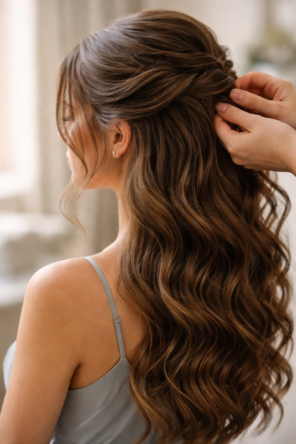 Calm salon moment focusing on adjusting a half-up hairstyle