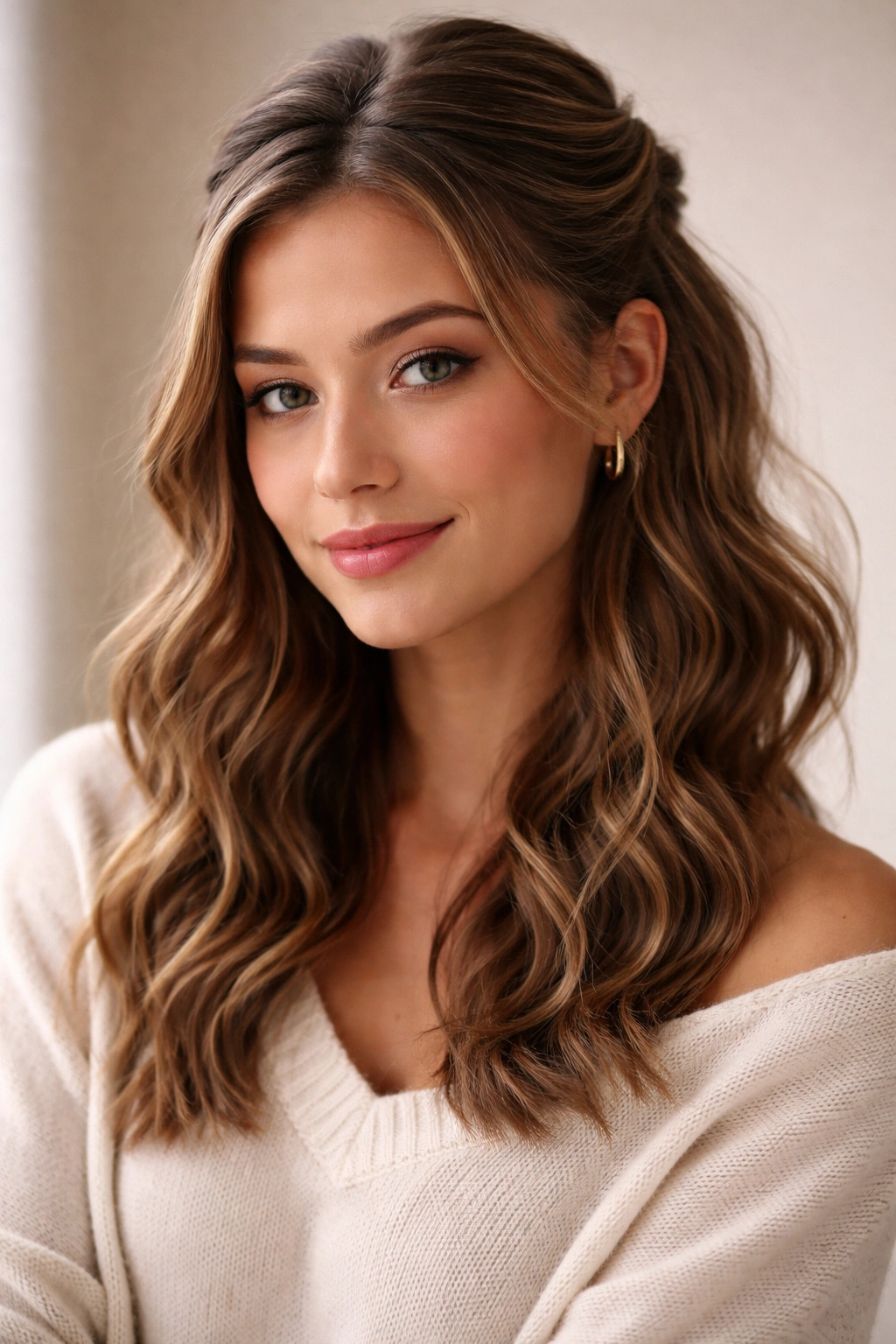 Portrait of person with medium wavy hair in a simple half-up style