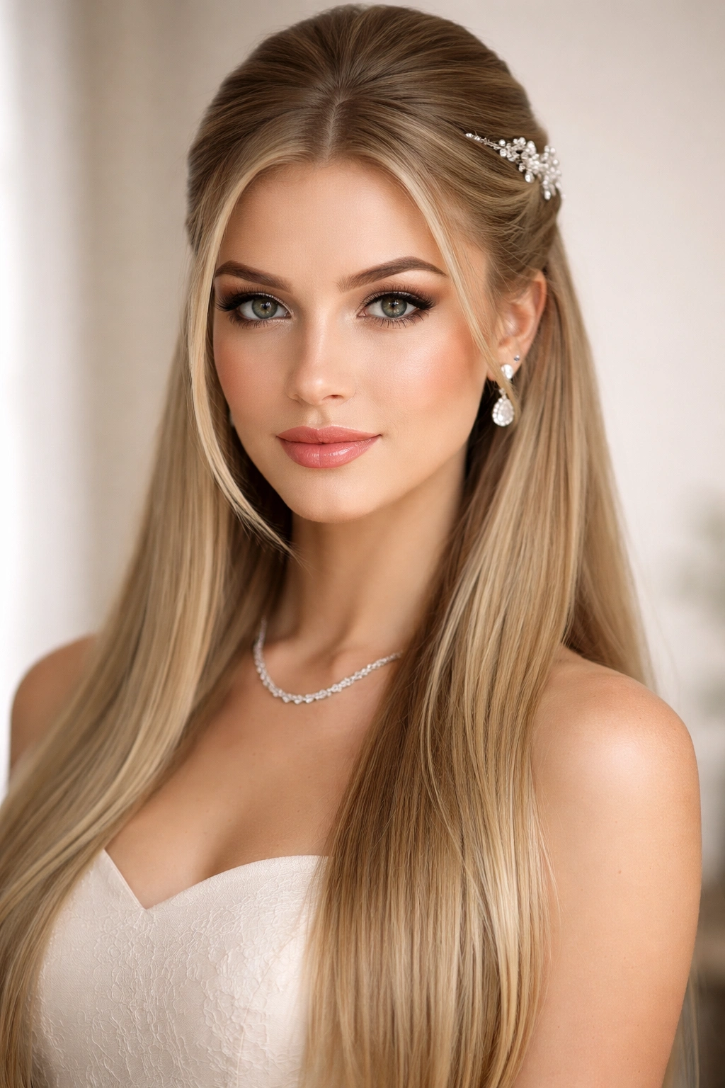 Front view of polished half-up hairstyle on straight hair