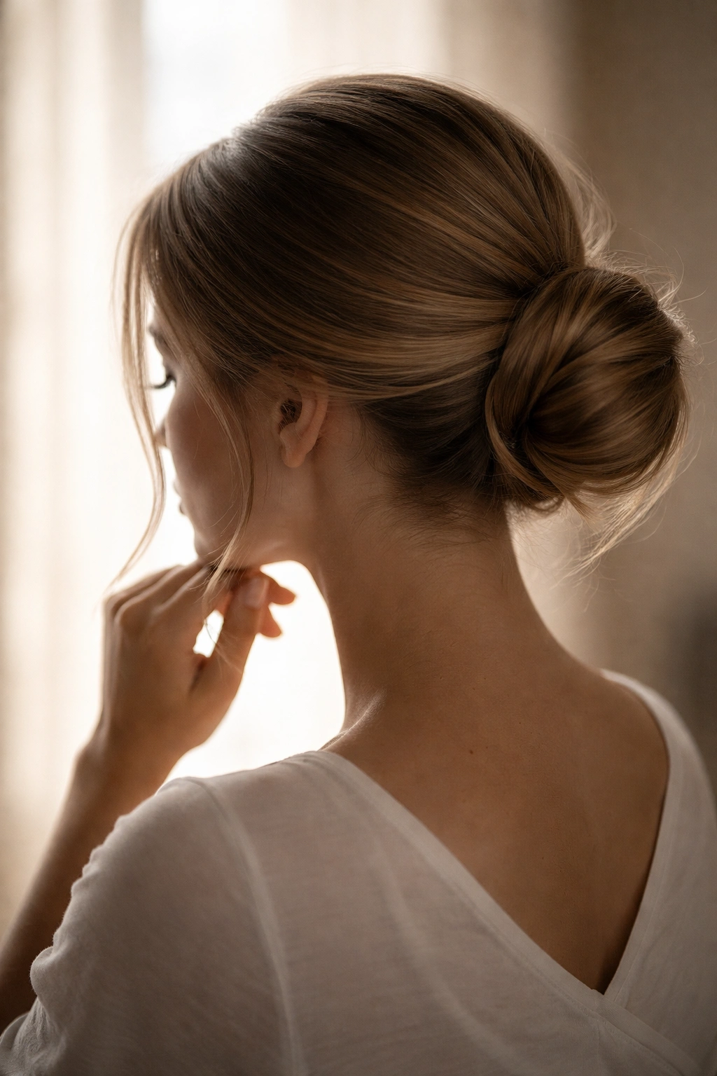 Silhouette of a person with a simple updo in a contemplative pose