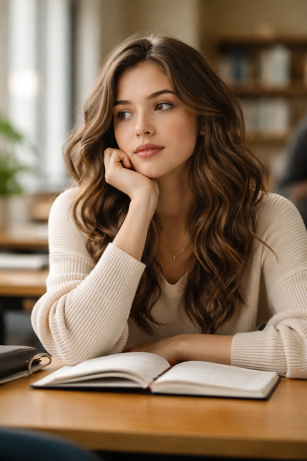 Student portrait in study space with wave-friendly hairstyle