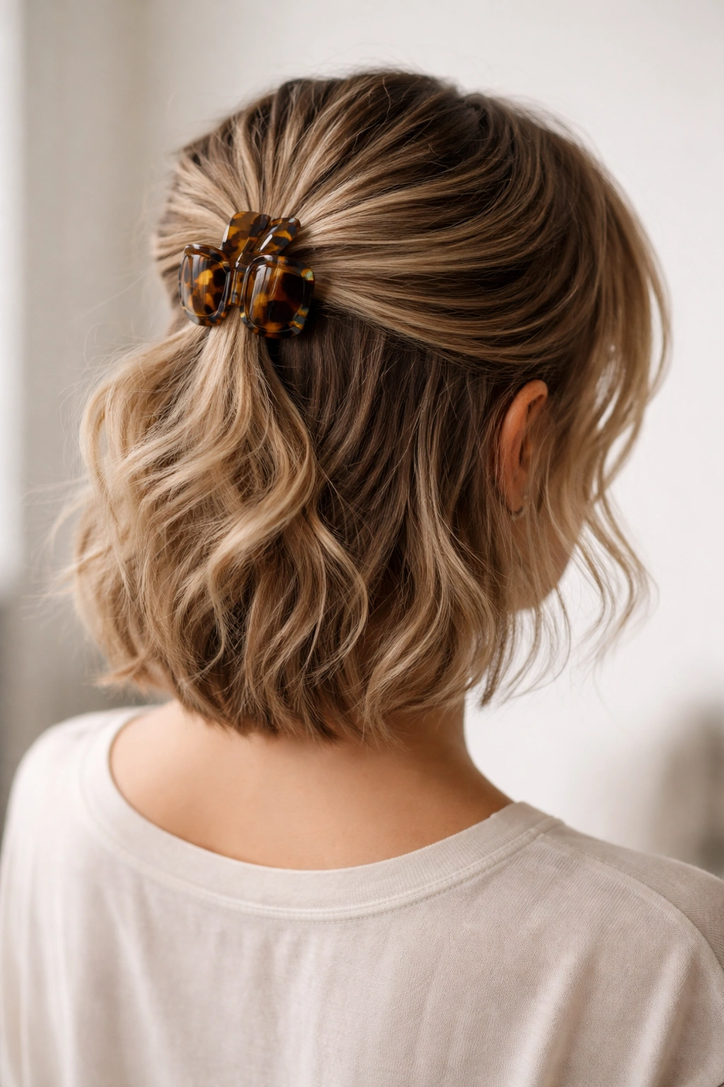 Close-up of short hair in a half-up half-down claw clip hairstyle showing texture and secure hold
