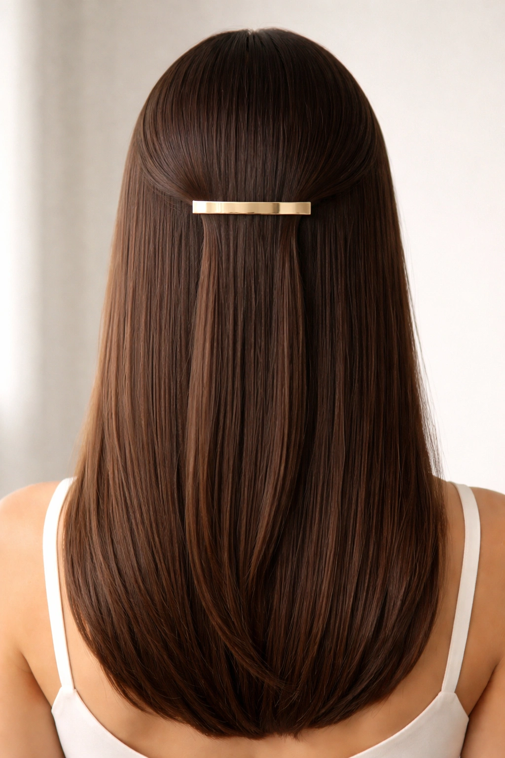 Sleek straight hair with a single metallic clip for a minimalist finish