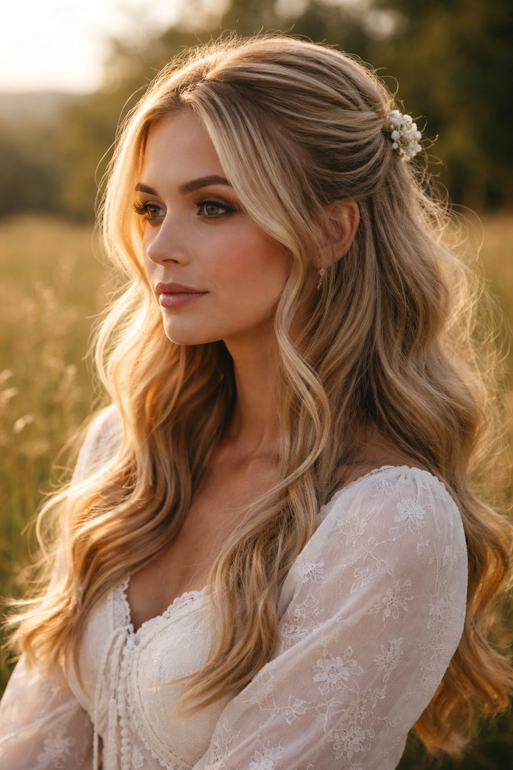 Contemplative portrait of a person with half up half down hairstyle in golden hour light