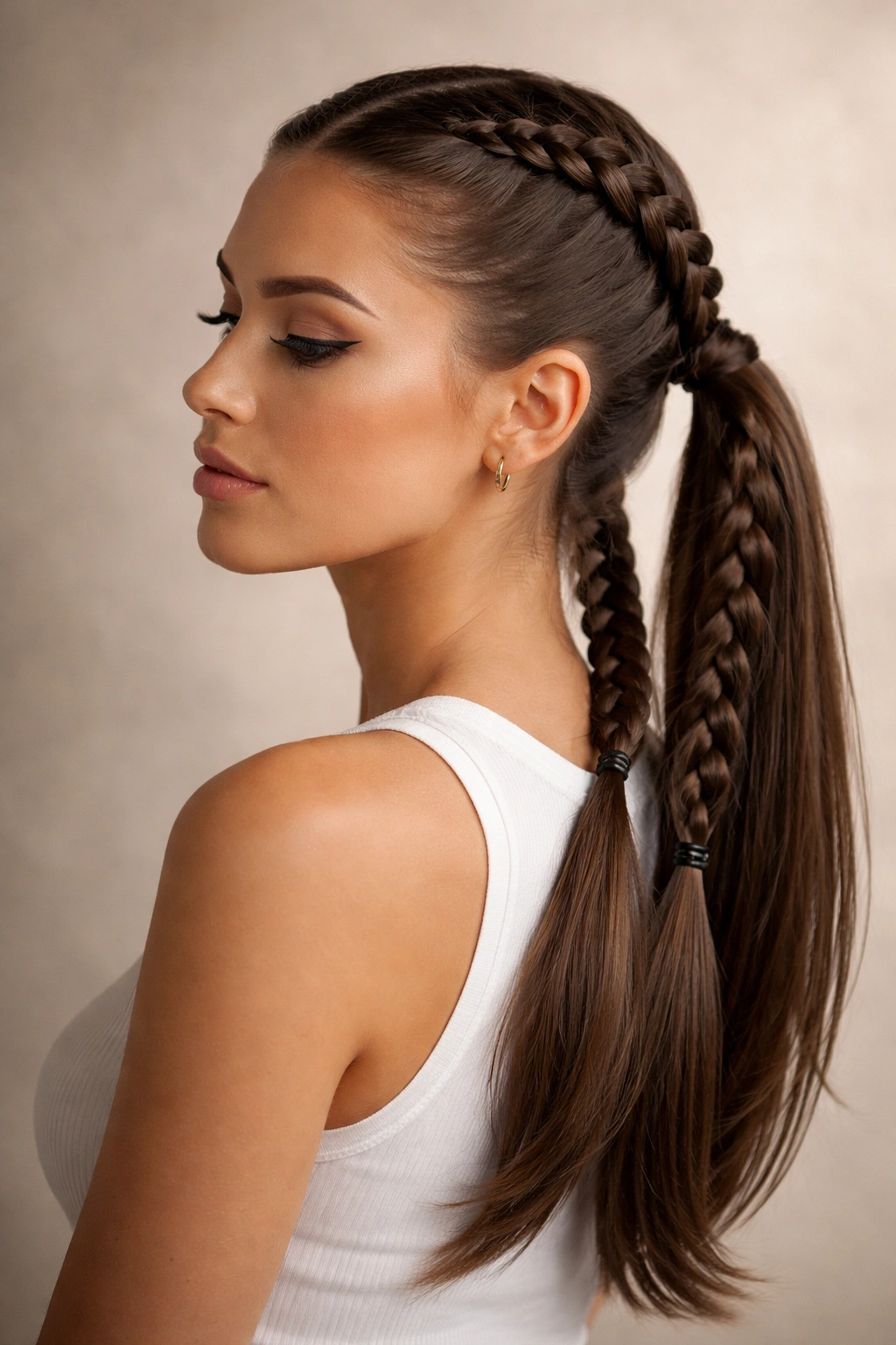 Profile portrait of a person with a double braided ponytail