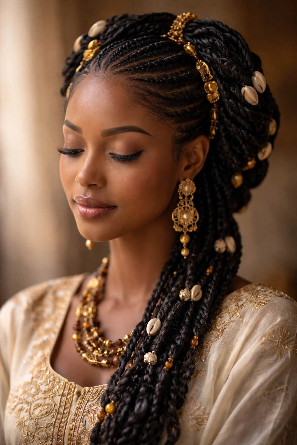 Contemplative portrait highlighting Hausa Fulani hairstyle heritage