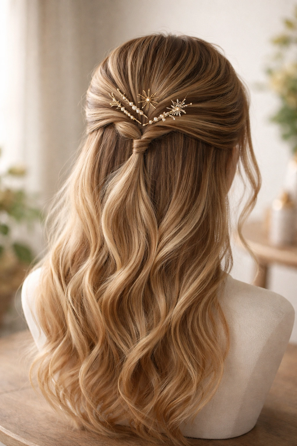 Finished half-up half-down hairstyle with crown pins on a neutral display