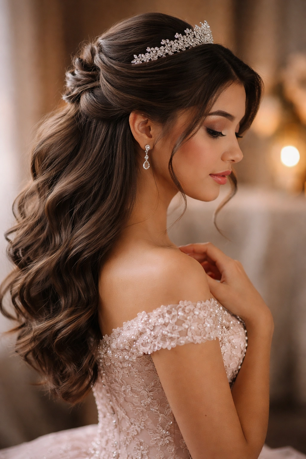 Side profile of a person with an elegant half-up hairstyle