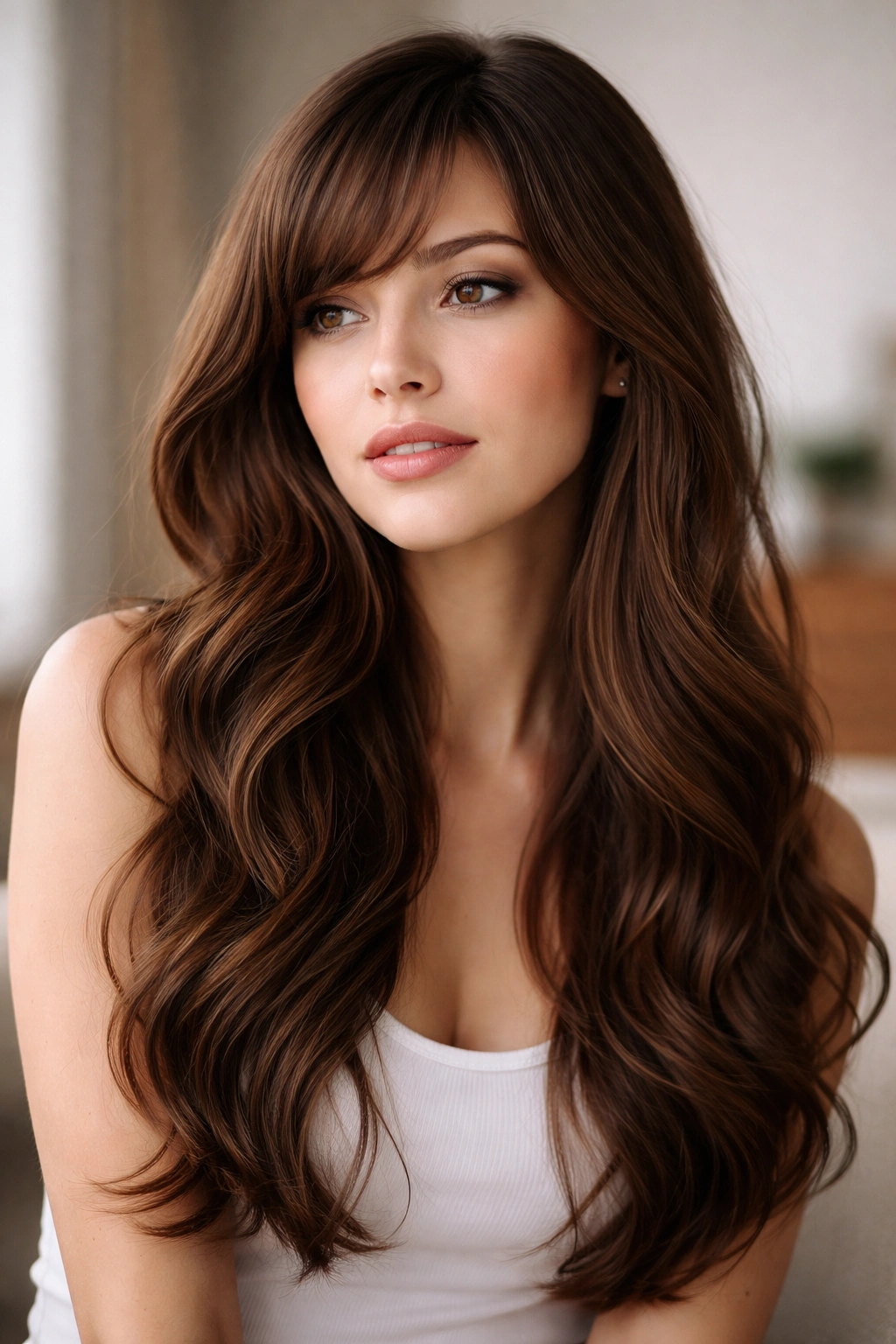 Close-up portrait of a person with long wavy hair and side bangs to flatter a round face in a studio