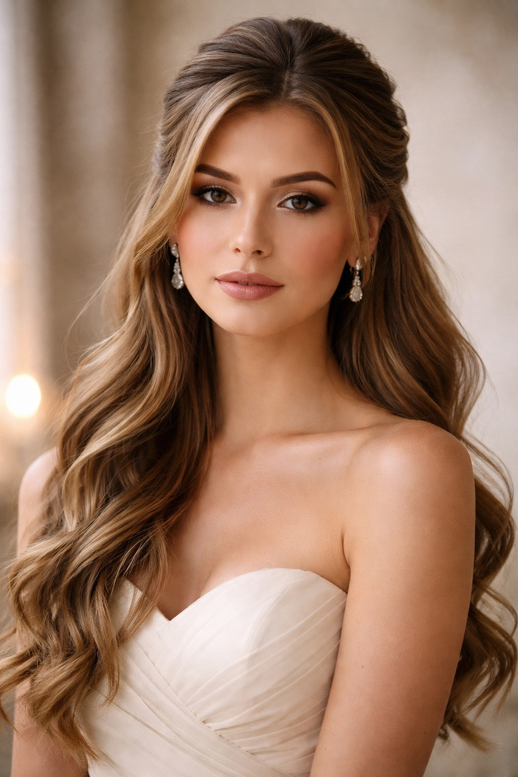 Thoughtful portrait with refined half-up half-down hairstyle