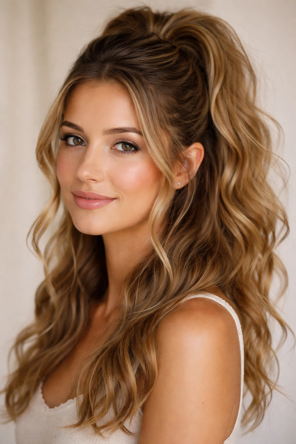 Close-up of a person with wavy hair in a half-up half-down ponytail, highlighting texture and crown twist.
