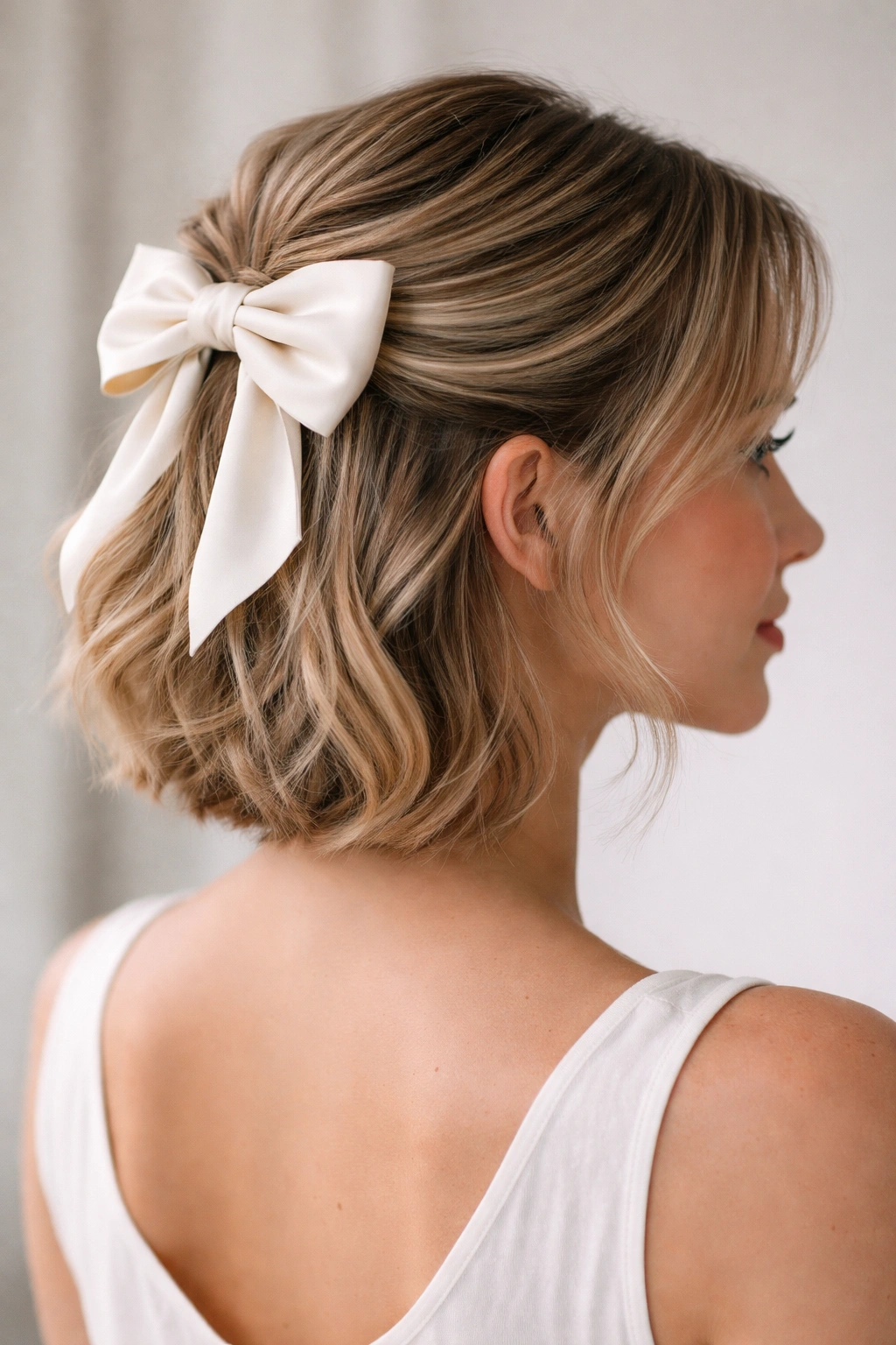 Elegant half-up bow hairstyle on short hair