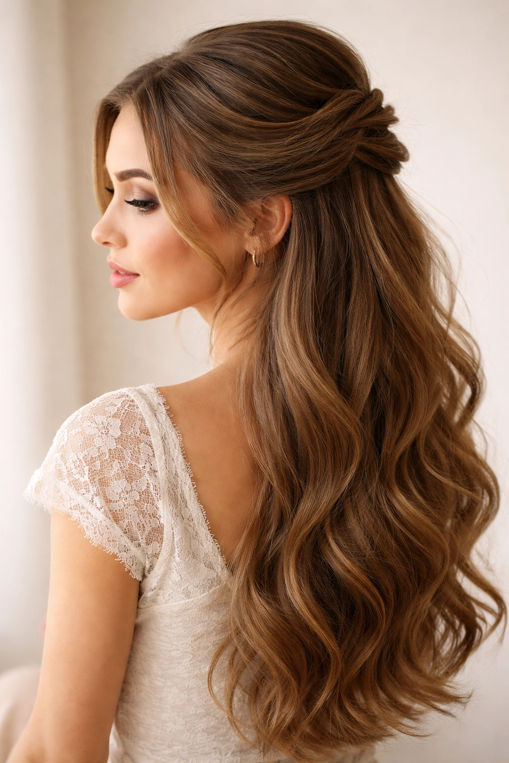 Close-up of a long-haired person with a half up half down hairstyle in a soft studio setting