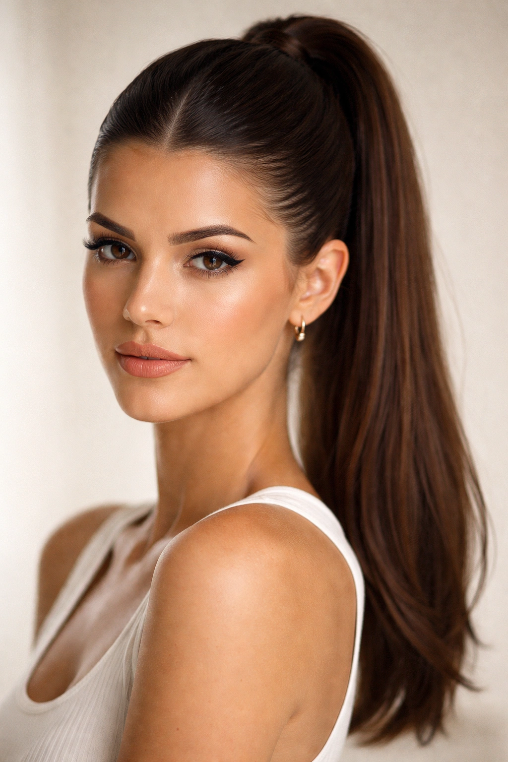 Portrait of a person with a high middle-part ponytail in a clean studio setting