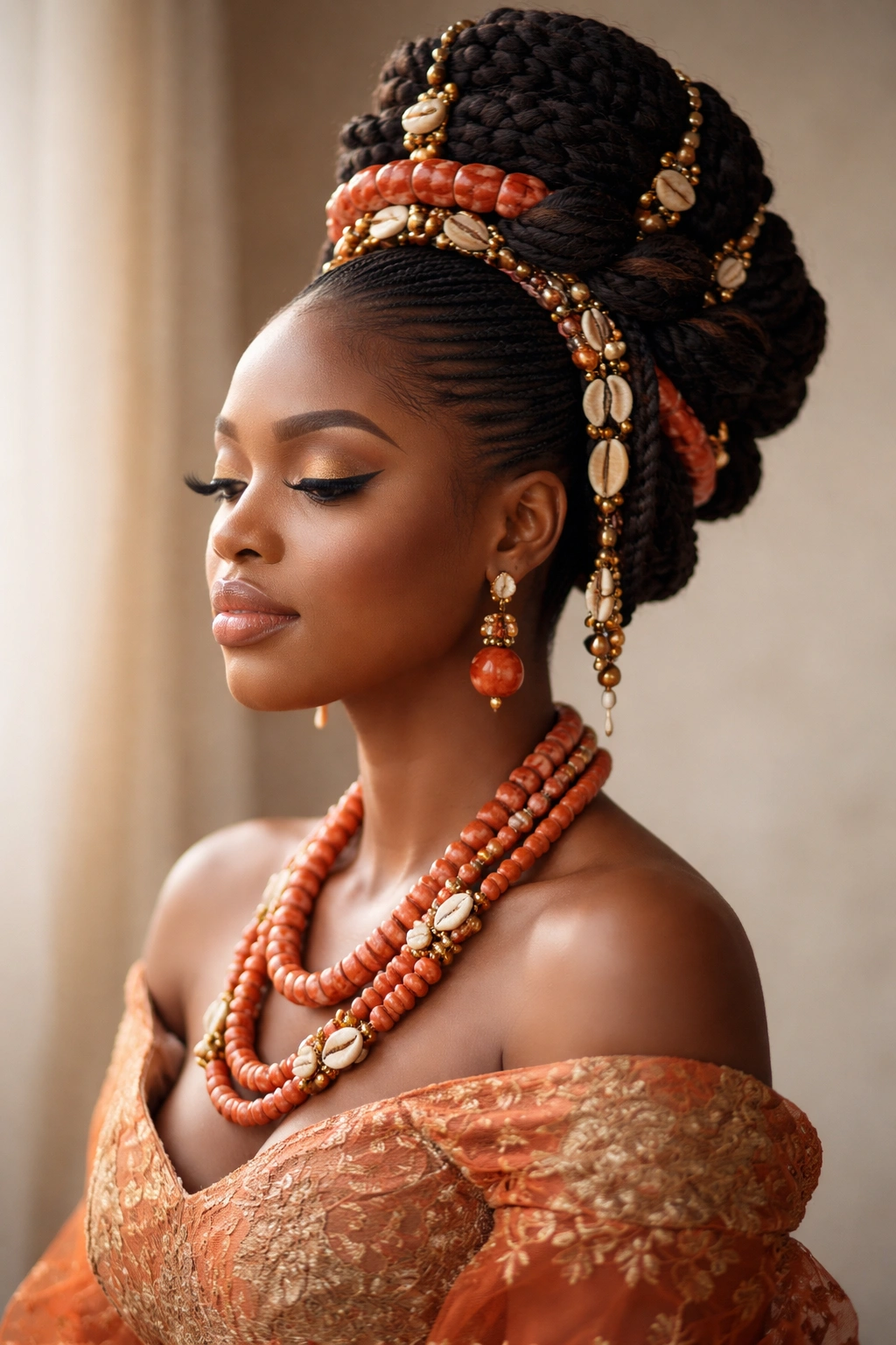 Calm portrait reflecting on Igbo hairstyles with an elegant traditional braid
