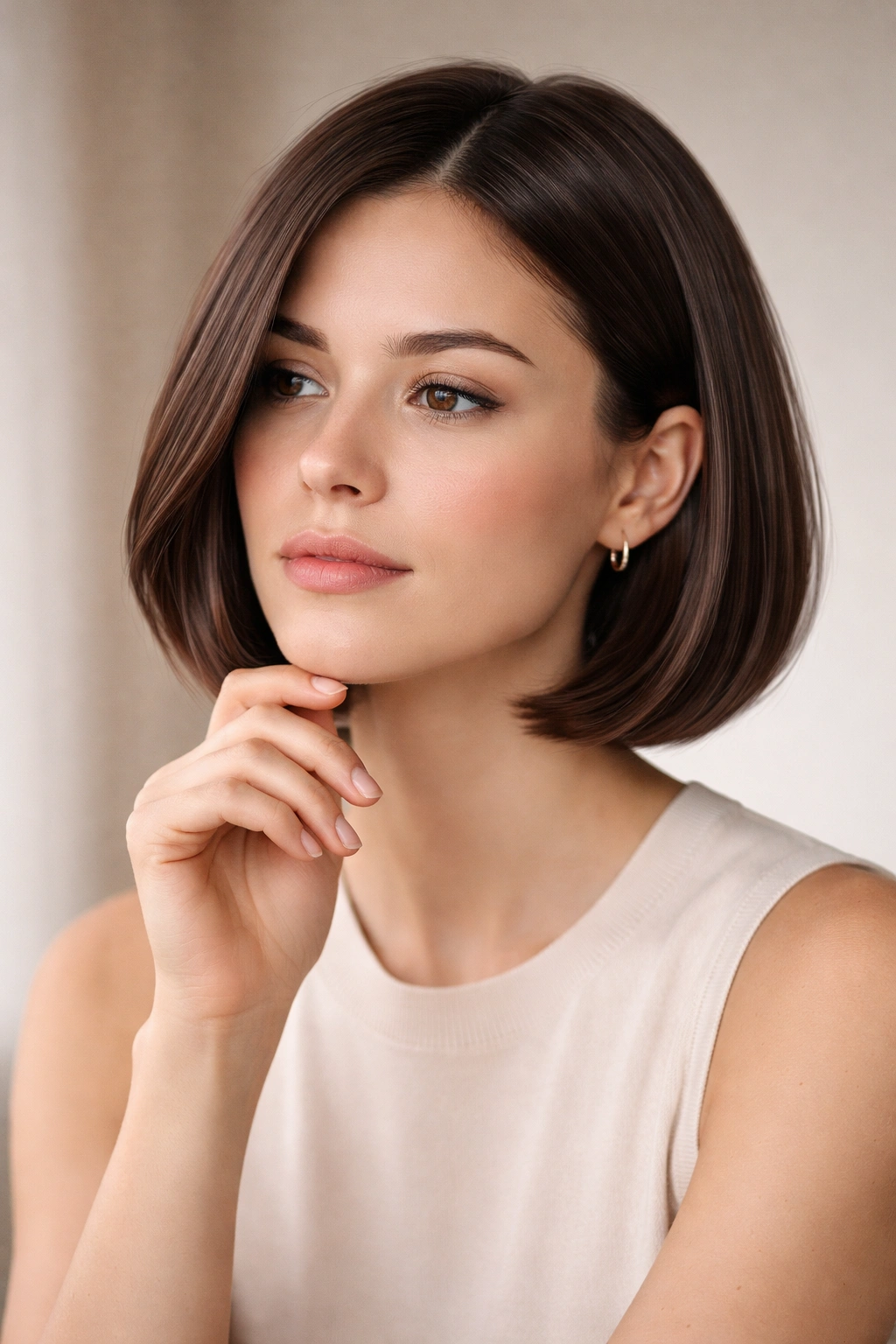 Minimalist portrait of a person with a classic Italian bob in contemplation