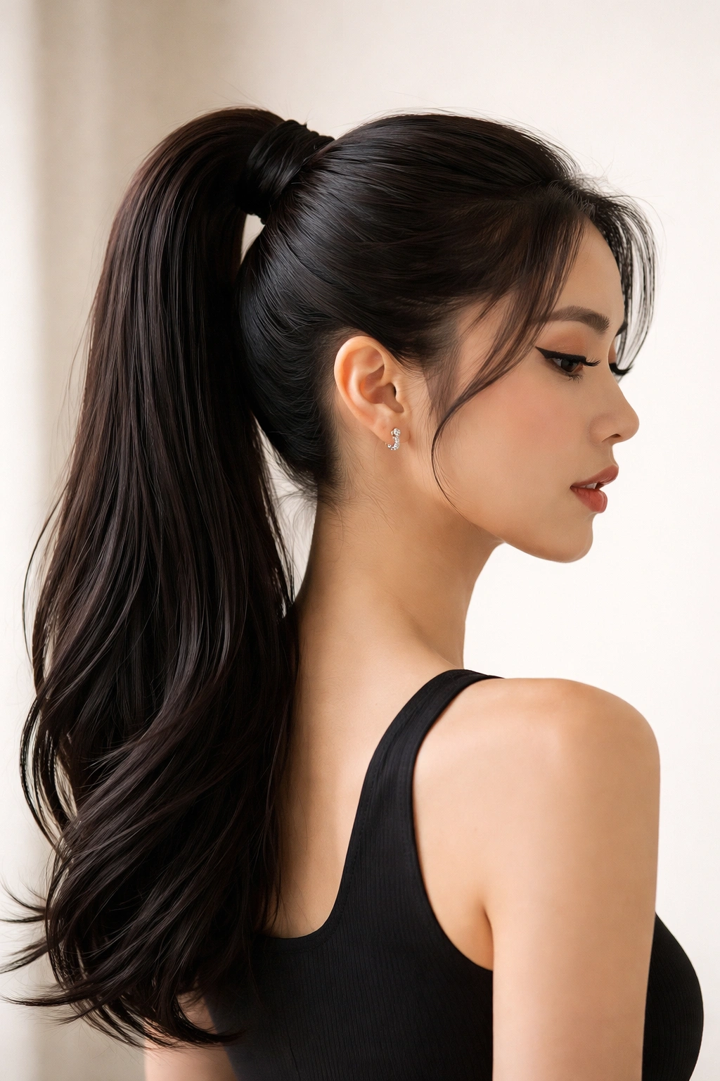 Close-up portrait of a person with a sleek Korean high ponytail, studio lighting, no text