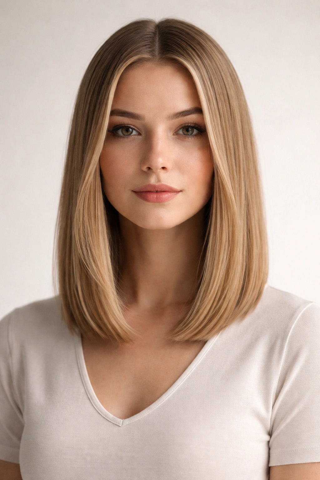 Finished lob on straight hair with balanced center-part and crisp lines