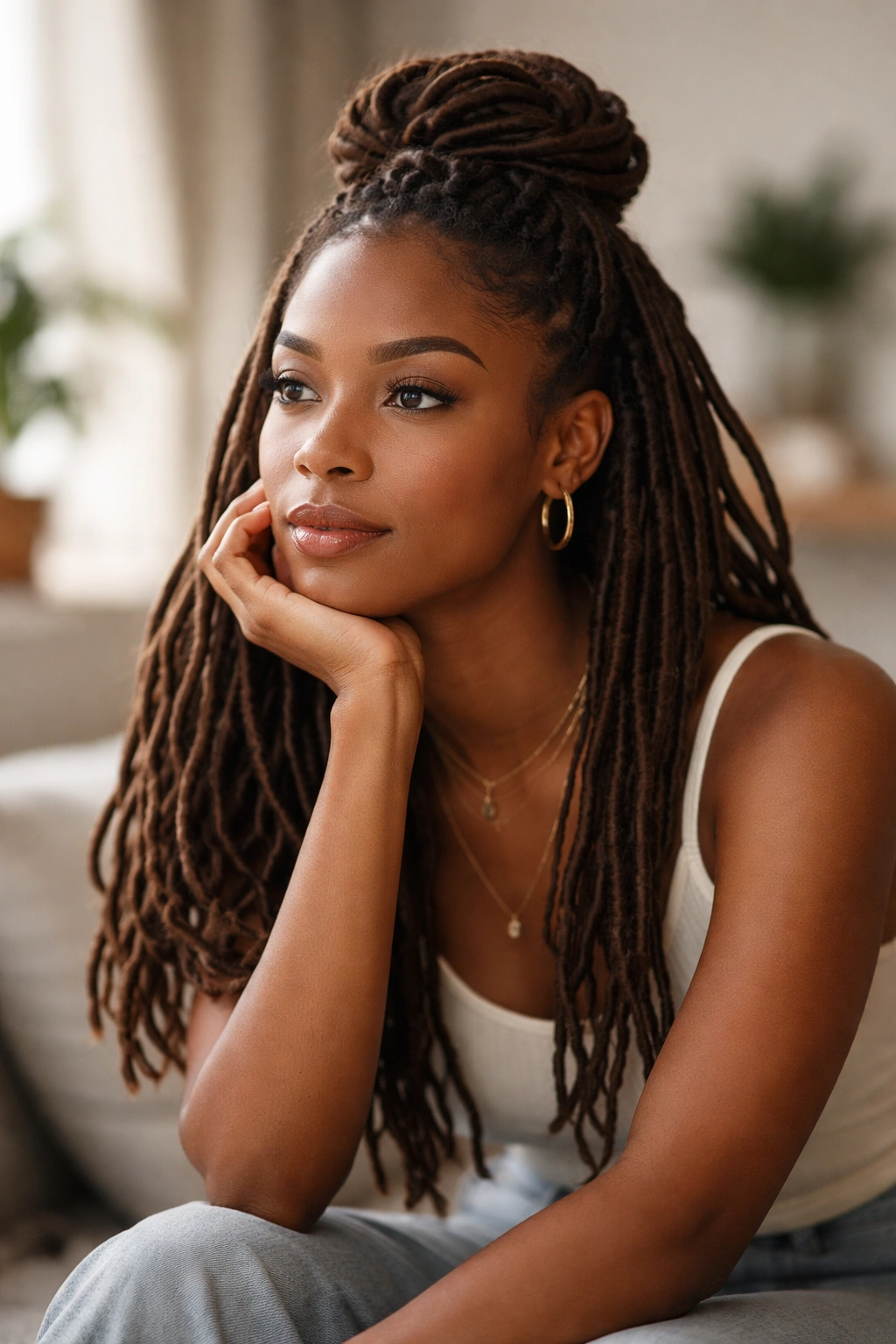 Contemplative portrait of a person with locs in a calm studio