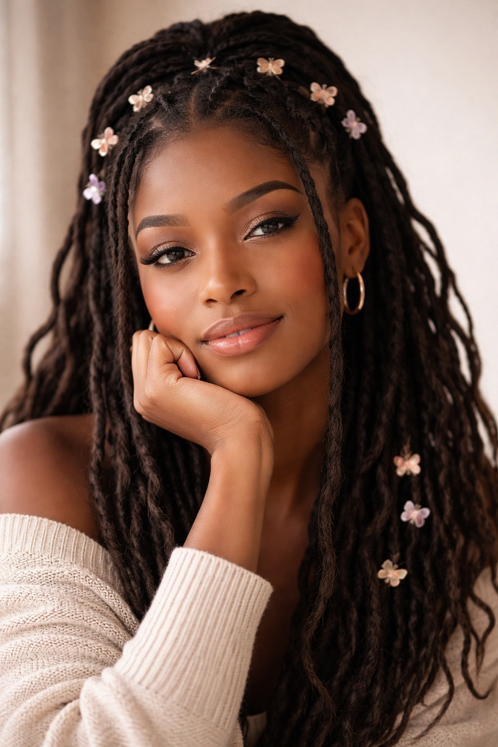 Close-up portrait of a person with locs in thoughtful pose