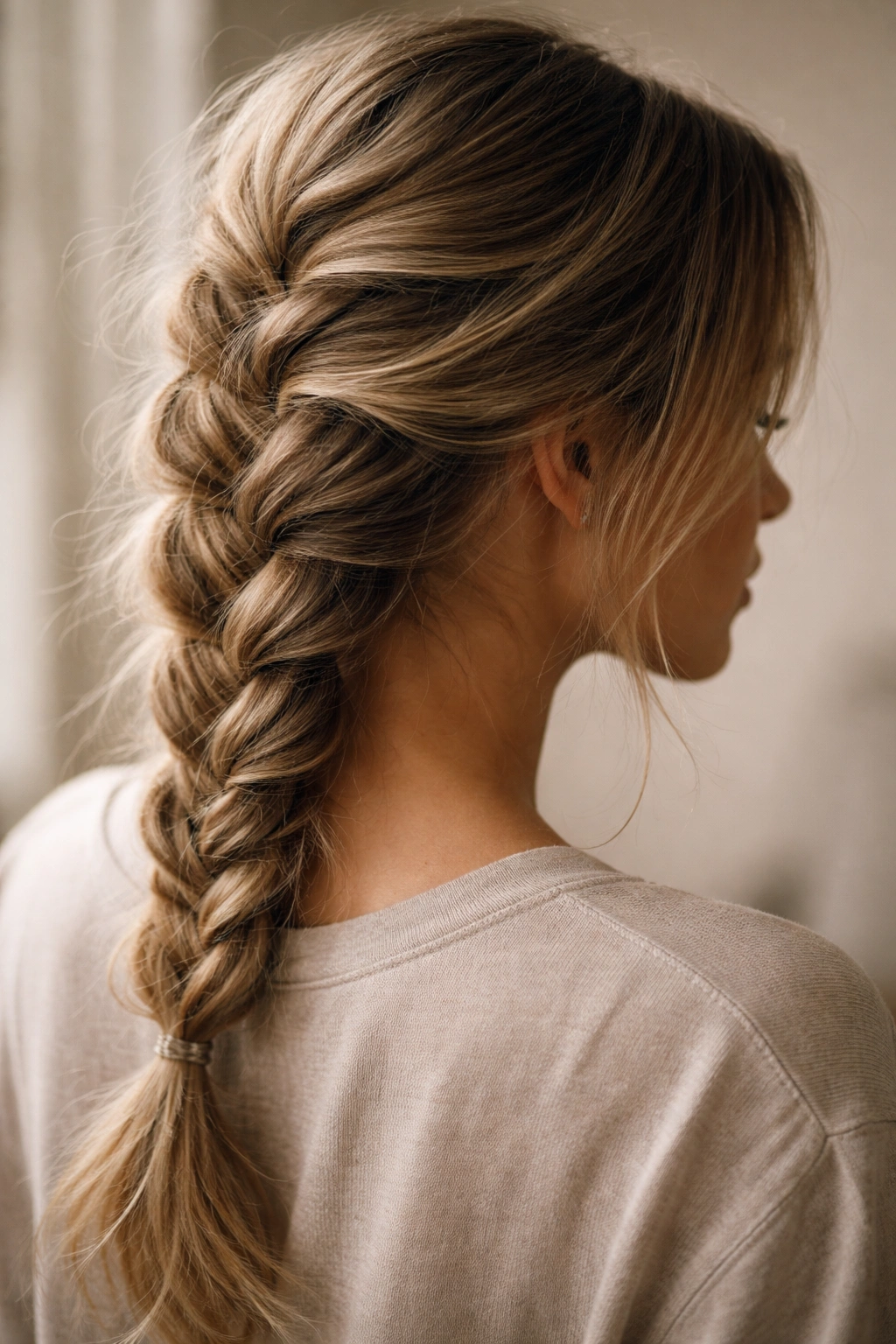 Side view of a loose textured French braid with soft lighting