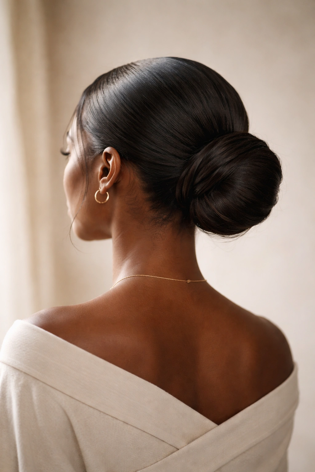 Elegant low bun silhouette conveying versatility and protection
