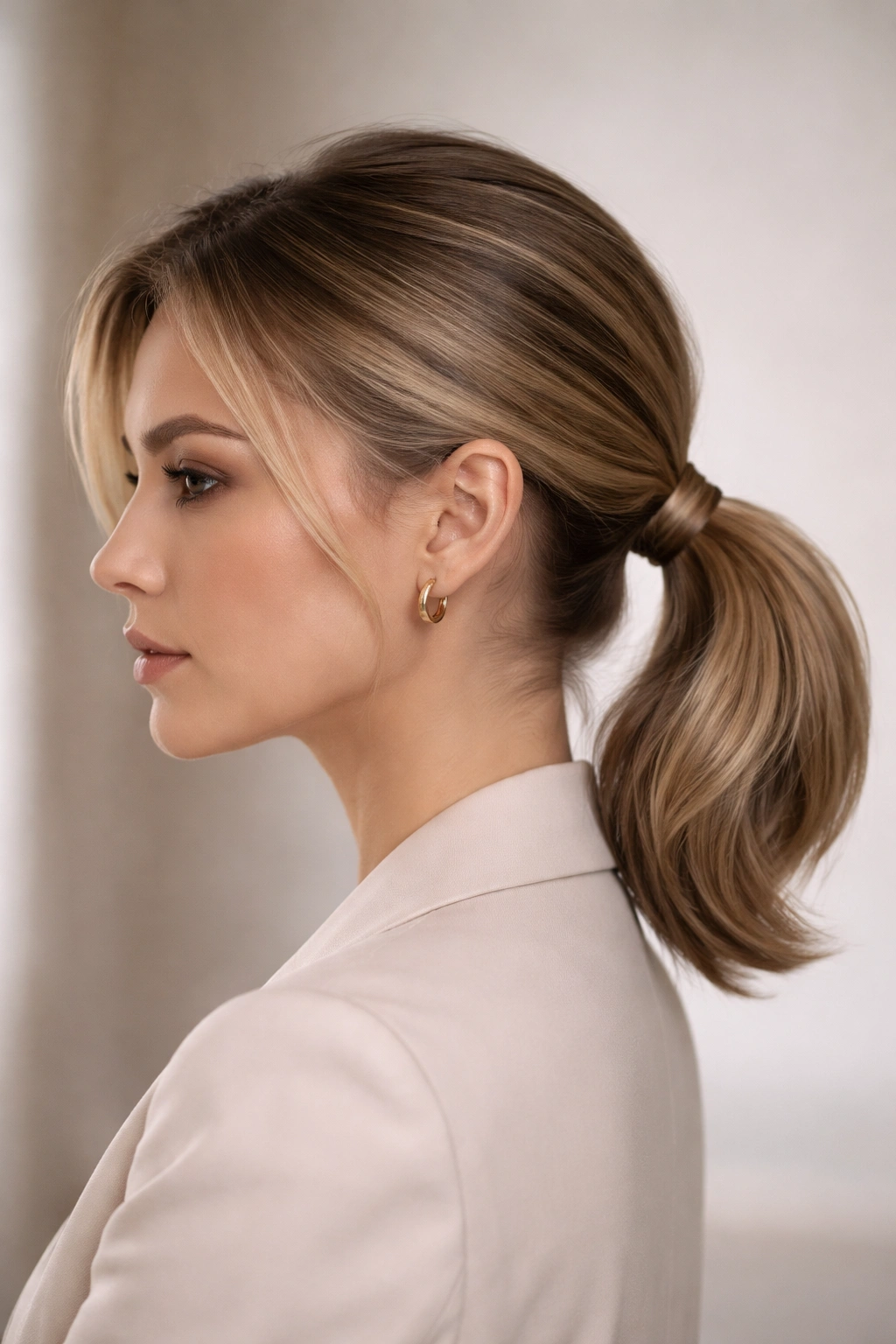 Profile view of a person with a polished low ponytail at the nape of the neck