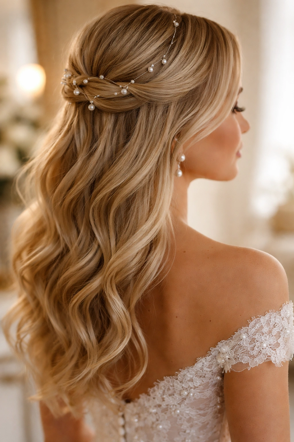 Close up of a bridal half up half down hairstyle with pearl accents in a warm bridal suite