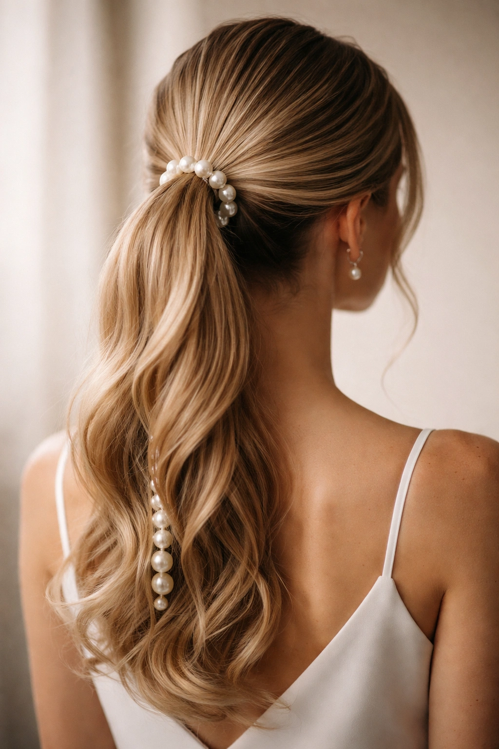 Elegant pearl-adorned ponytail silhouette against neutral background