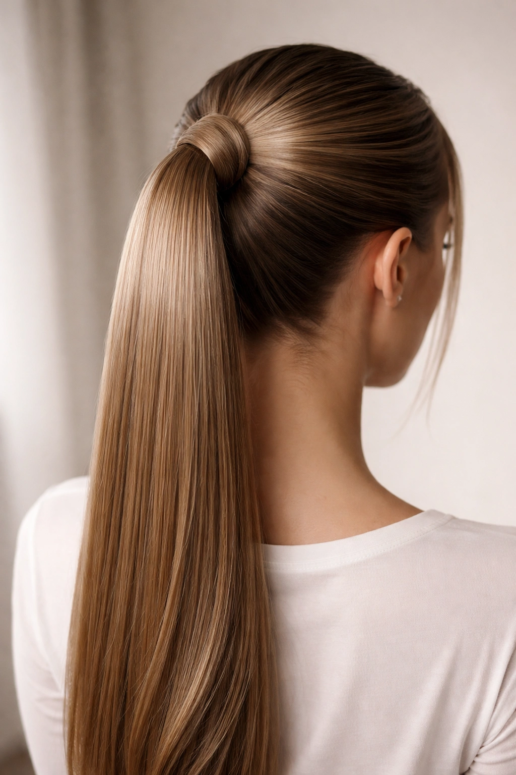 Close-up of a sleek high ponytail with a wrapped elastic on straight hair