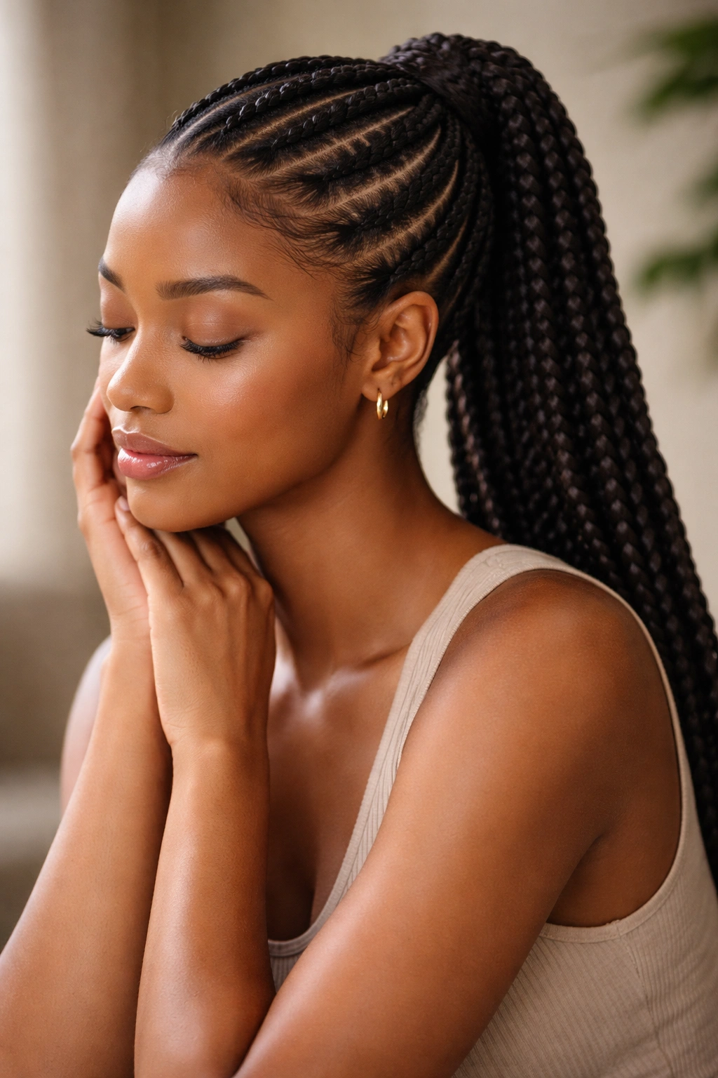 Portrait of a person with finished cornrow ponytail in a reflective pose