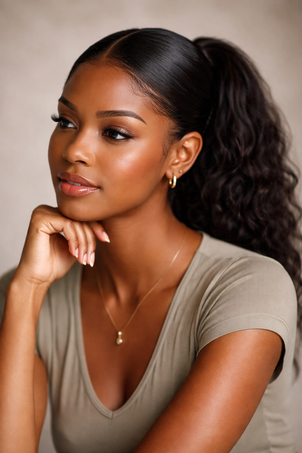 Thoughtful portrait of a person with a middle-part ponytail
