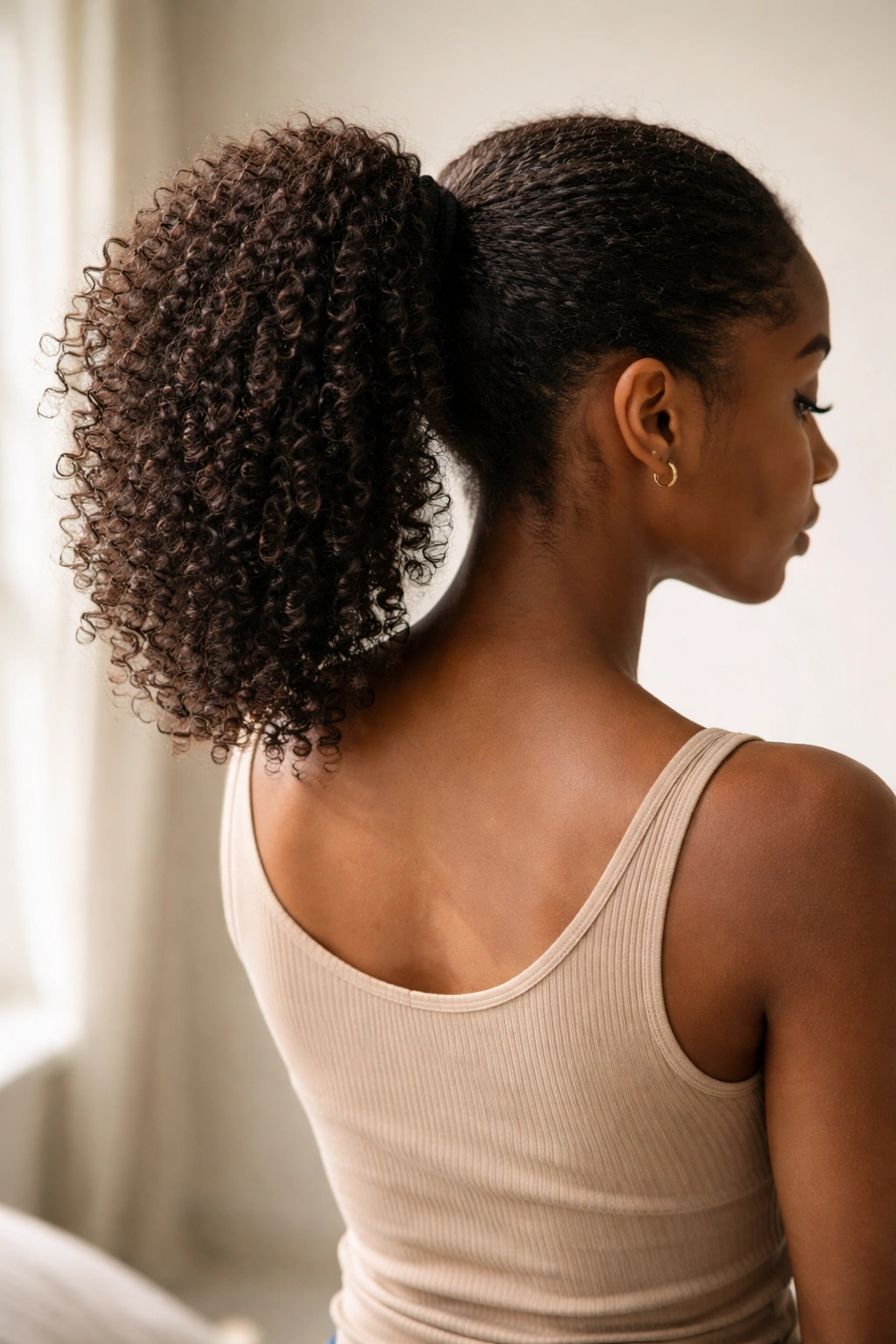 Minimal silhouette of a coily ponytail in calm studio lighting