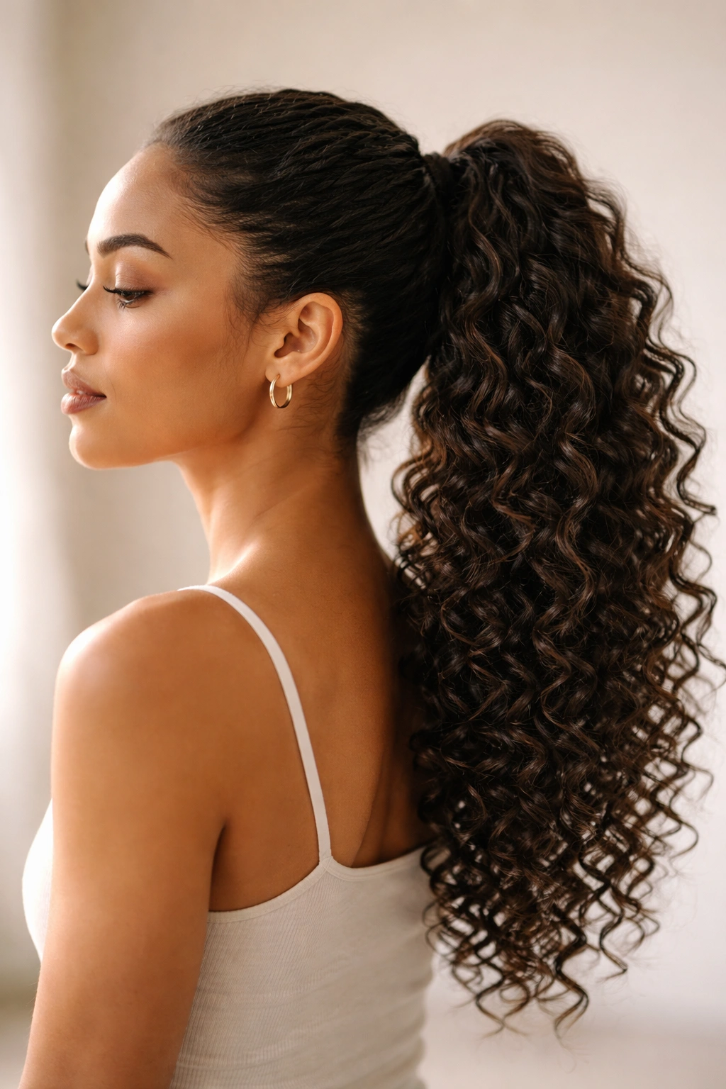 Side-profile of a person with a long curly ponytail in a soft studio setting, emphasizing curl texture