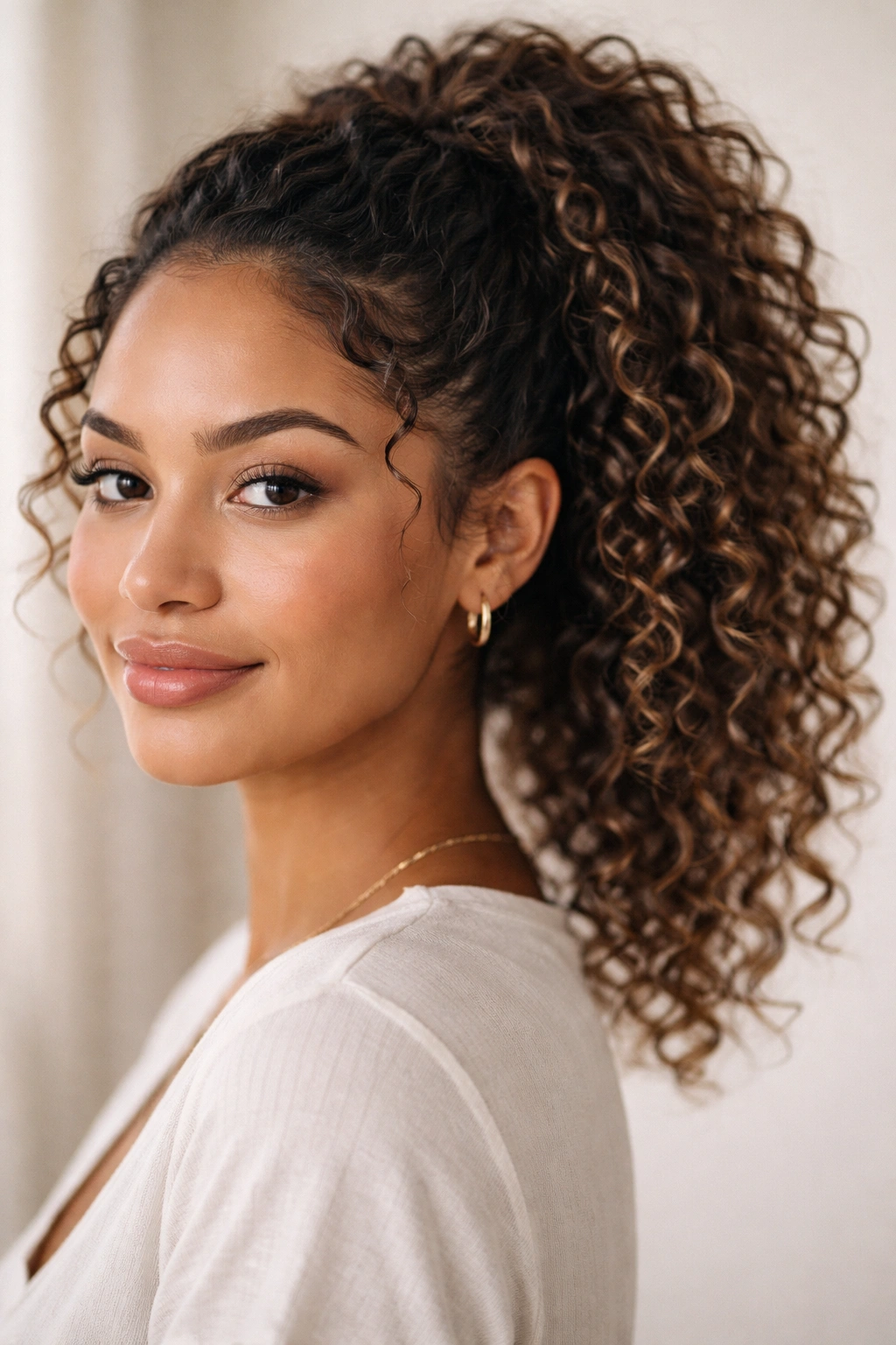 Close-up of a curly-haired person with a loose ponytail showing textured curls and shine