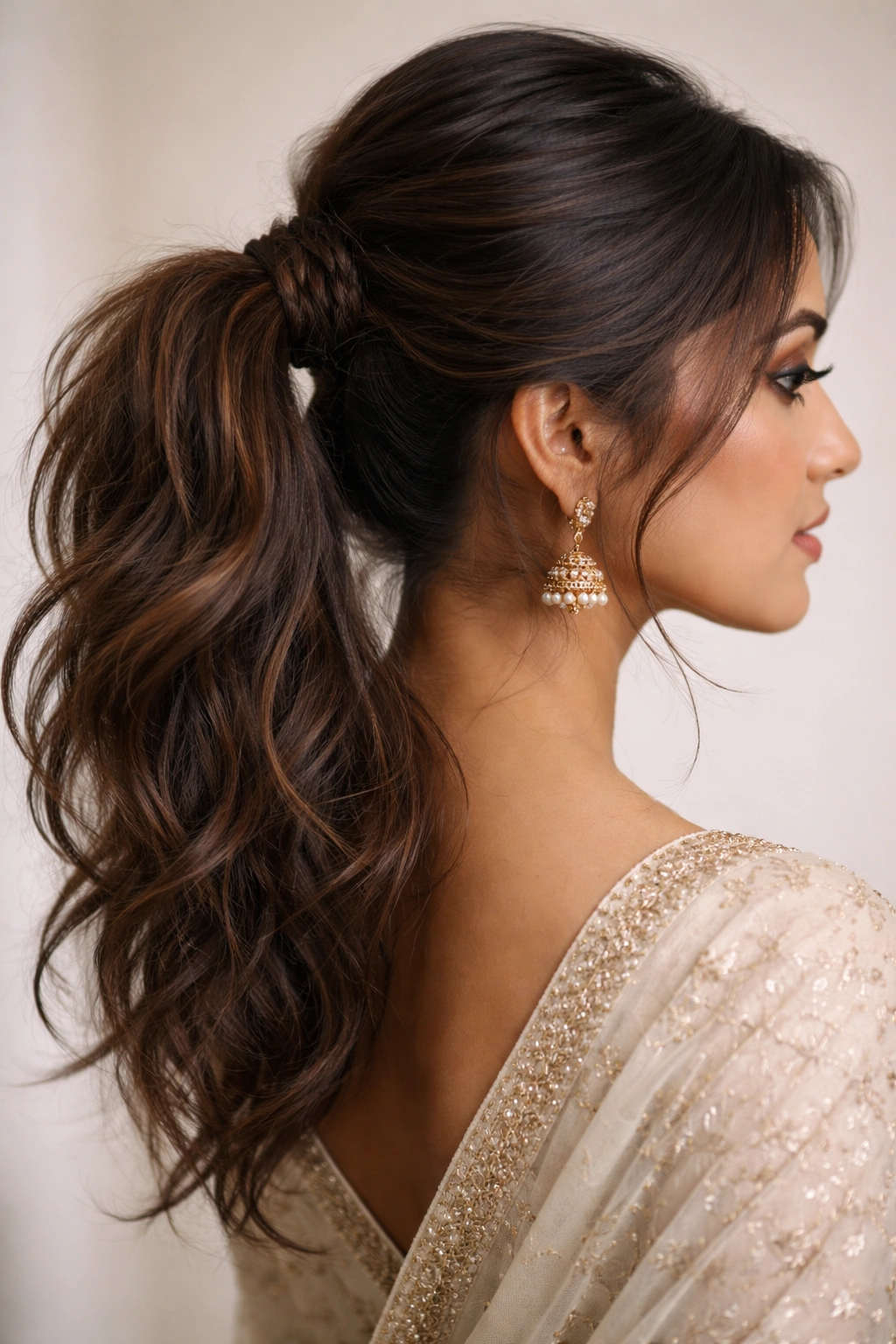 Close-up of a model's hair in a modern messy Indian ponytail with textured ends and wispy strands